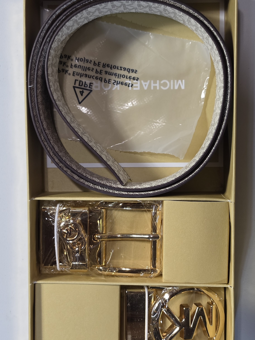Michael Kors Brown and White Reversible Logo Belt with Gold Hardware